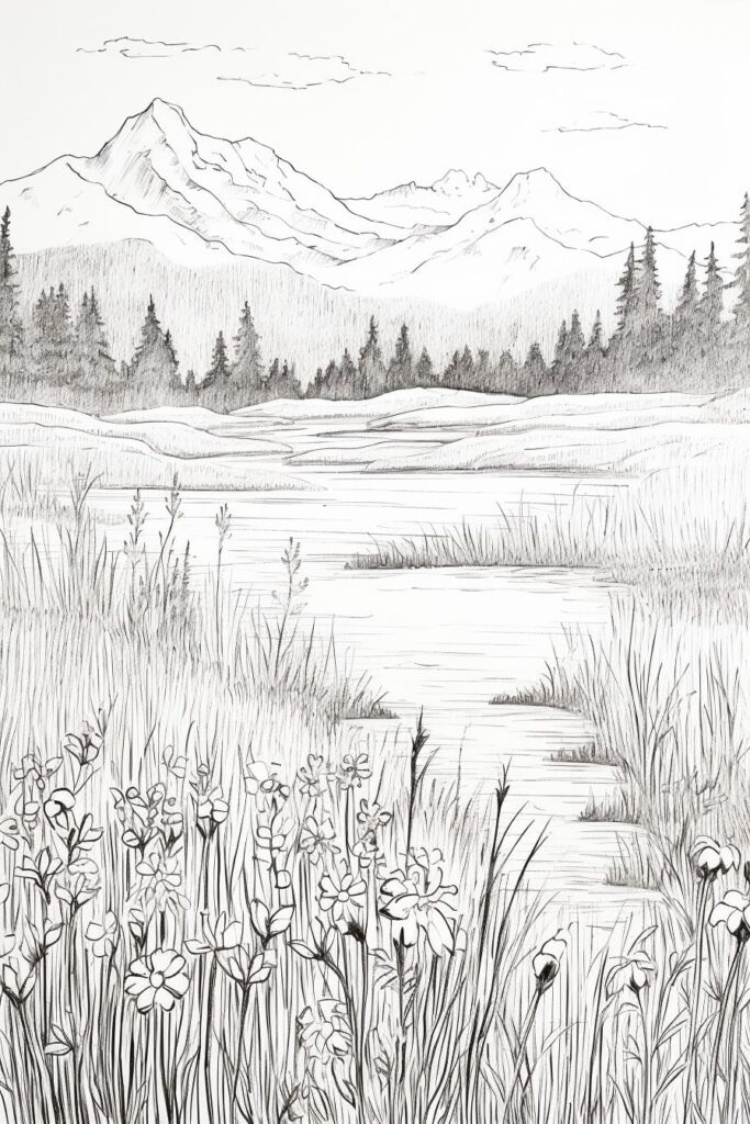 sketch of a peaceful meadow with a mountain landscape in the background