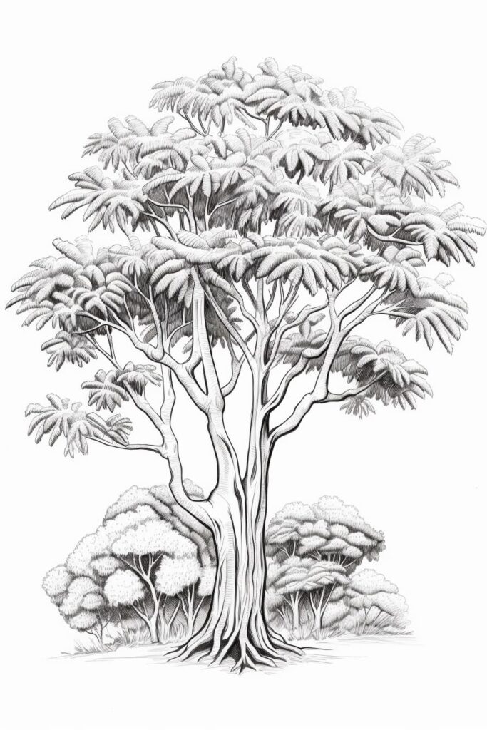 black and white sketch of a rainforest tree