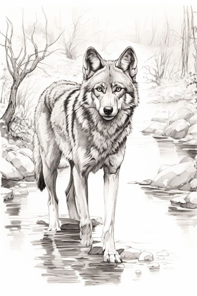 red wolf walking through a stream