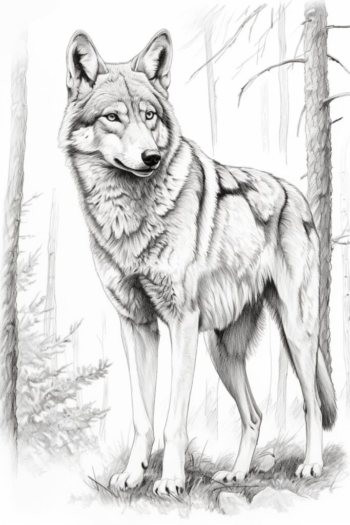 drawing of a red wolf in the woods