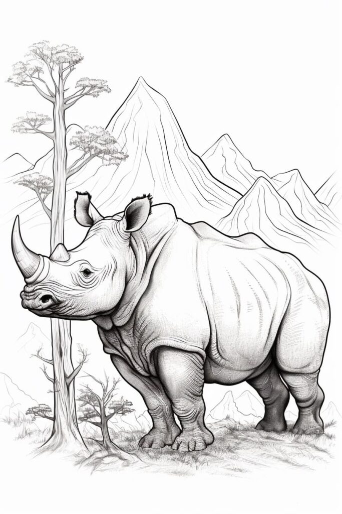 rhinoceros drawing with mountains