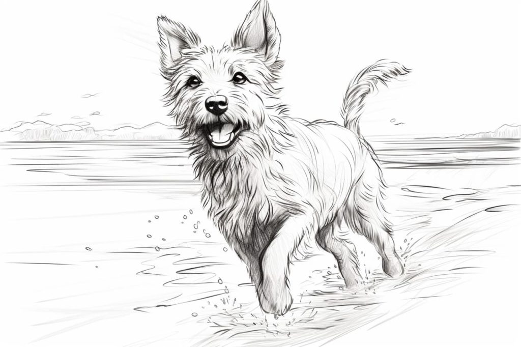 drawing of dog playing at the beach