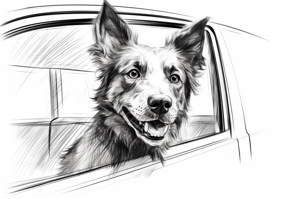 sketch of dog with its head out the car window
