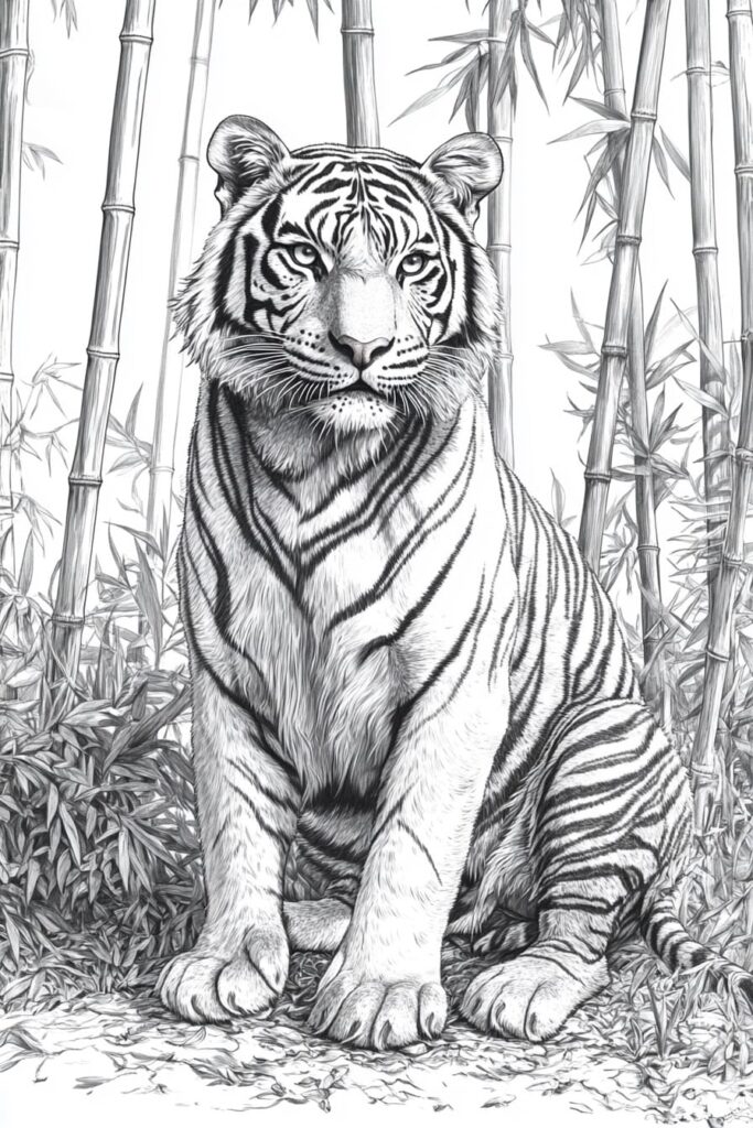 sketch of a tiger sitting in a bamboo forest