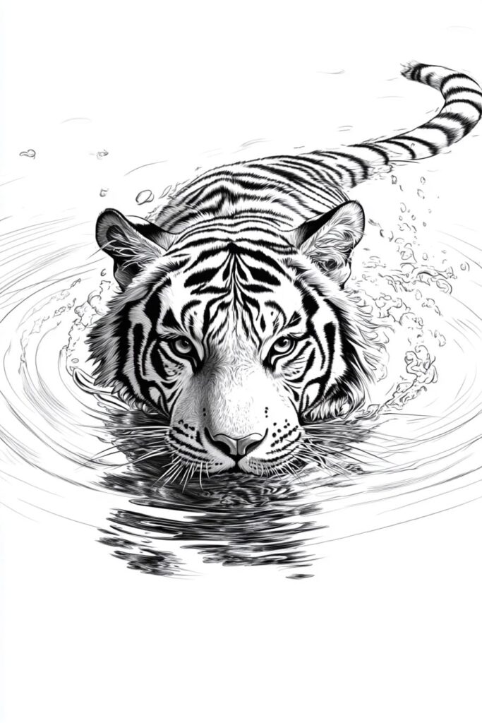 sketch of tiger swimming