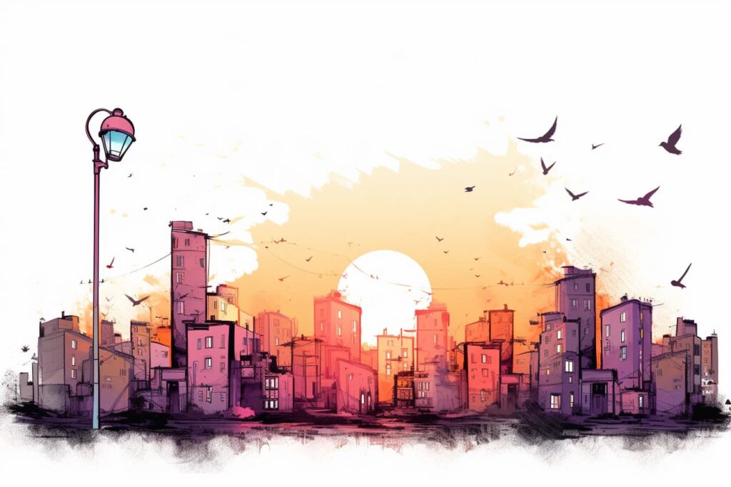 gorgeous city sunset scene in color