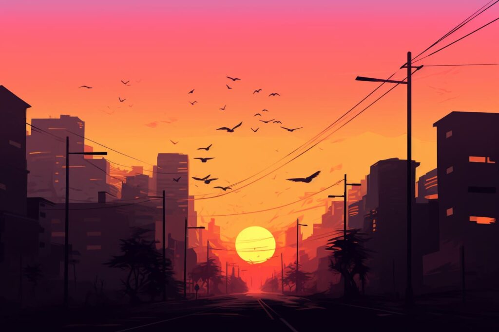 city sunset scene - deep orange colors
