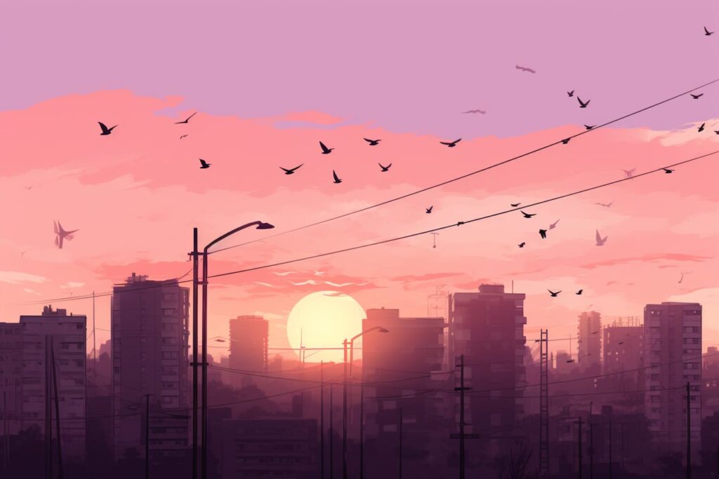 city sunset scene with birds flying