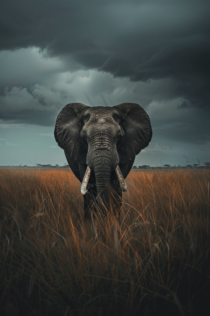 African elephant under dark skies