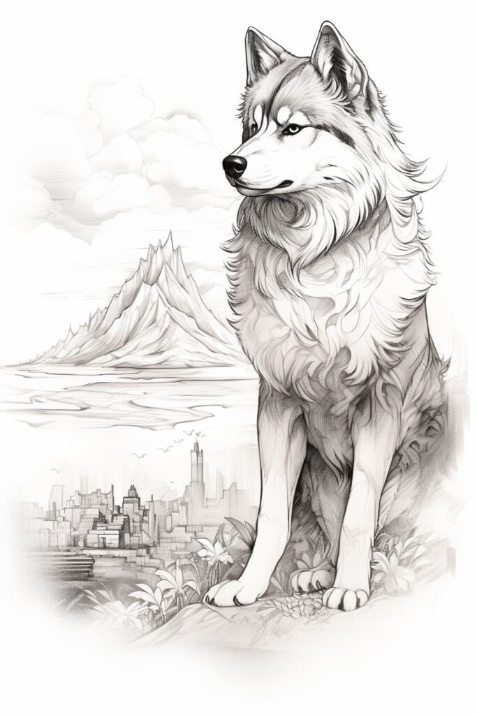 anime dog with a city and mountain in the background