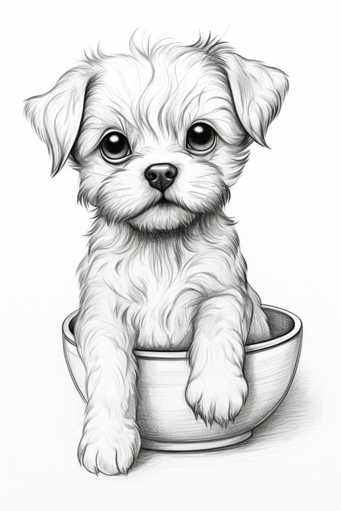 sketch of a dog standing in a dog bowl