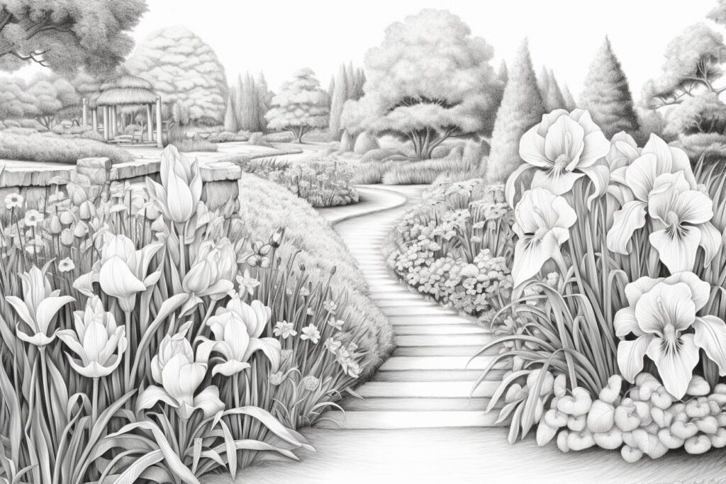 irises along a garden pathway in black and white