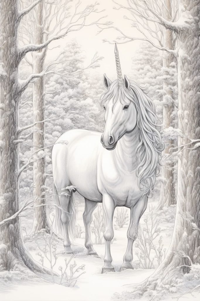 unicorn drawing - in the snowy woods