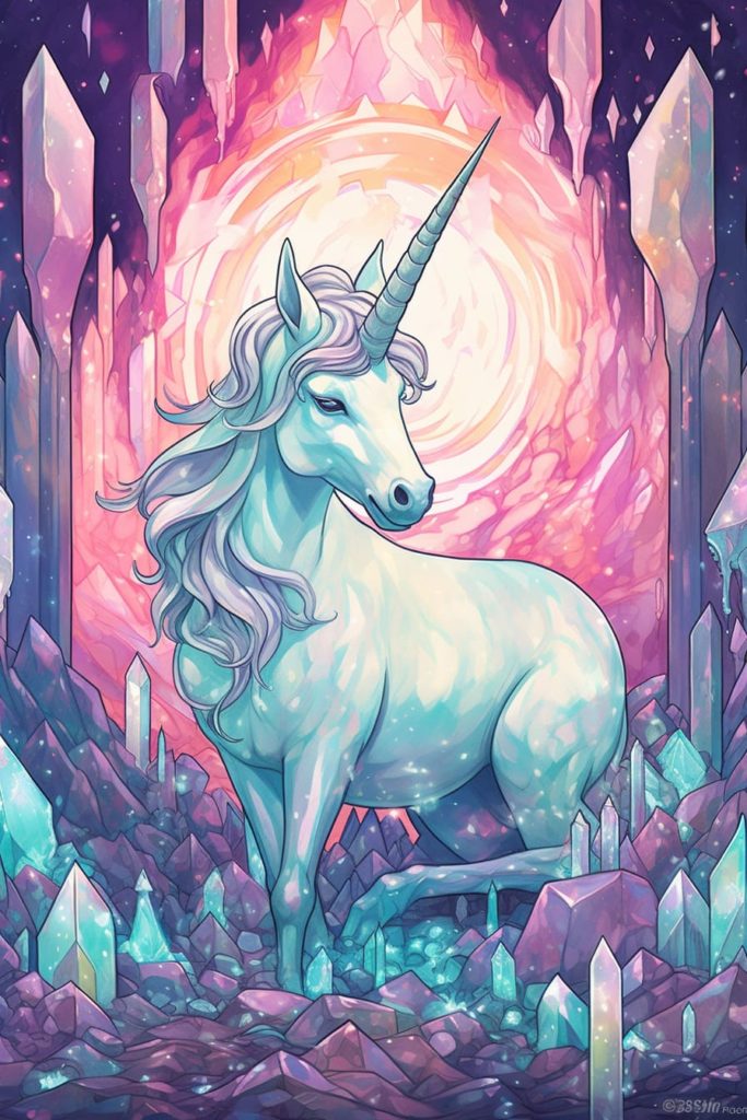 Unicorn in a crystal cave