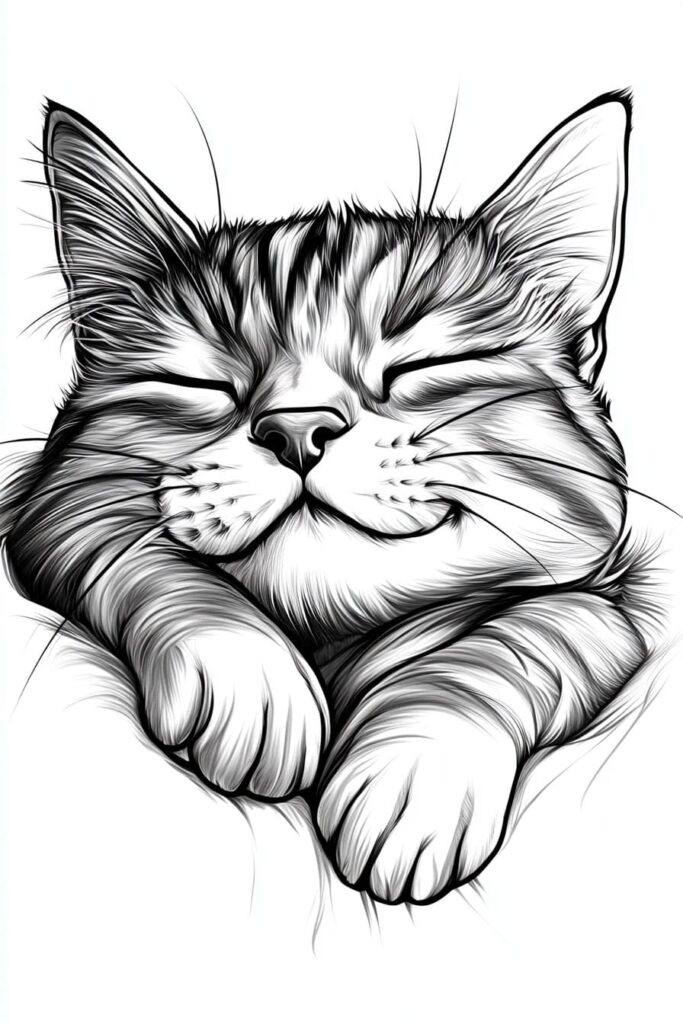 heavy line drawing of sleeping cat