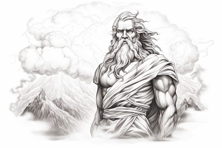 Drawing Zeus amongst mountains and stormclouds