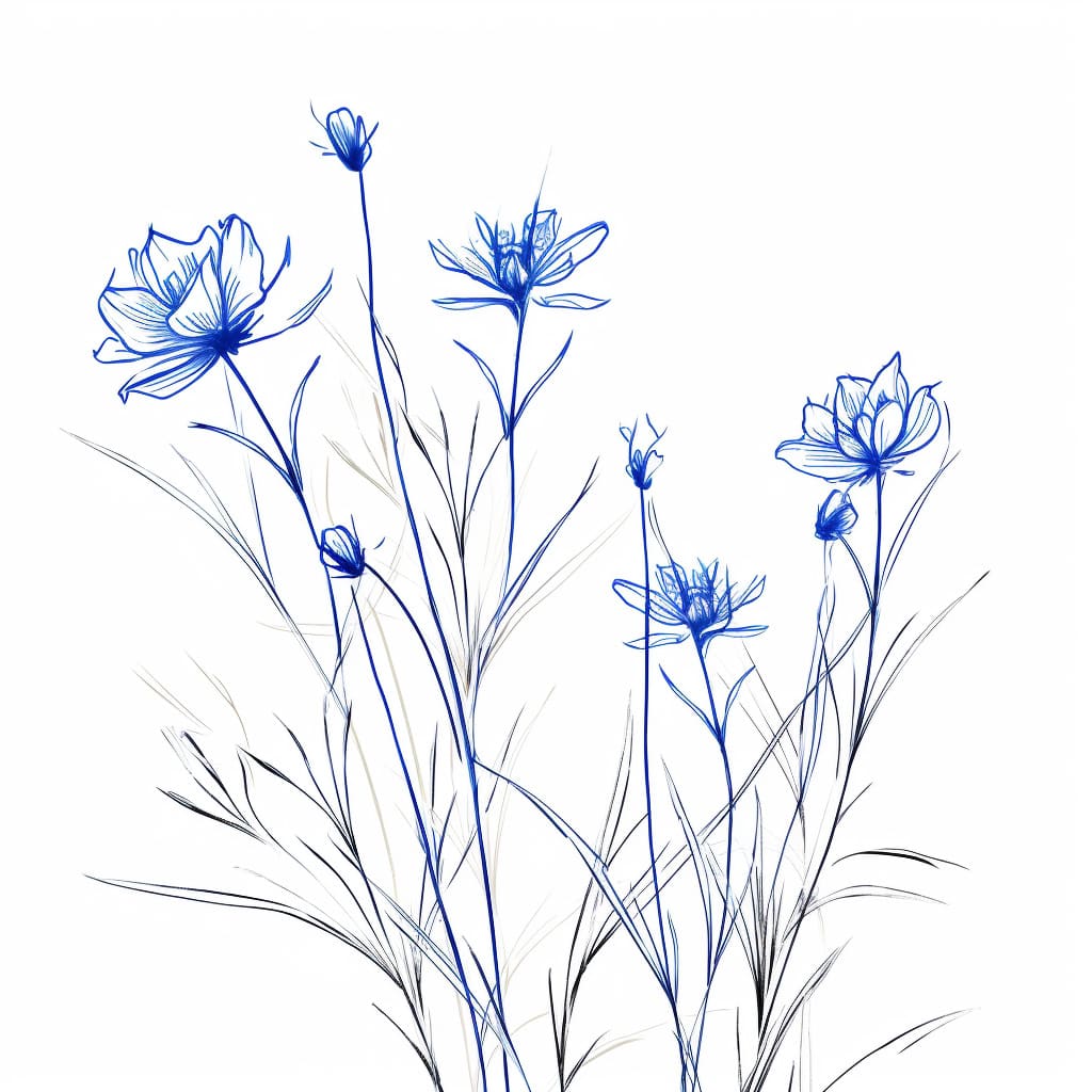 blue sketch of wildflowers